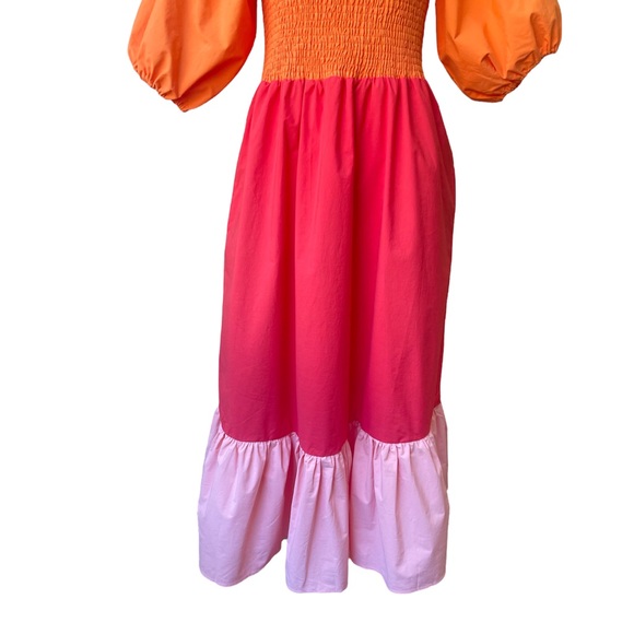NWT Rhode Eloise Puff Sleeve Colorblocked Midi Dress in Clementine Multi - Picture 7 of 12